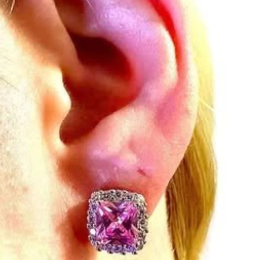 Pink Tourmaline Earrings Stud Sterling Silver 925, Cushion Cut Earrings, 9.9mm - Picture 2 of 10